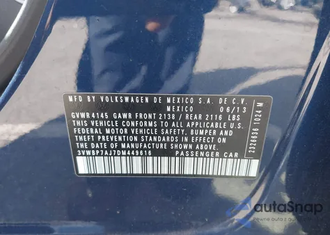 2013 Volkswagen Jetta 2.5L Se from USA, damaged, VIN 3VWBP7AJ7DM449616